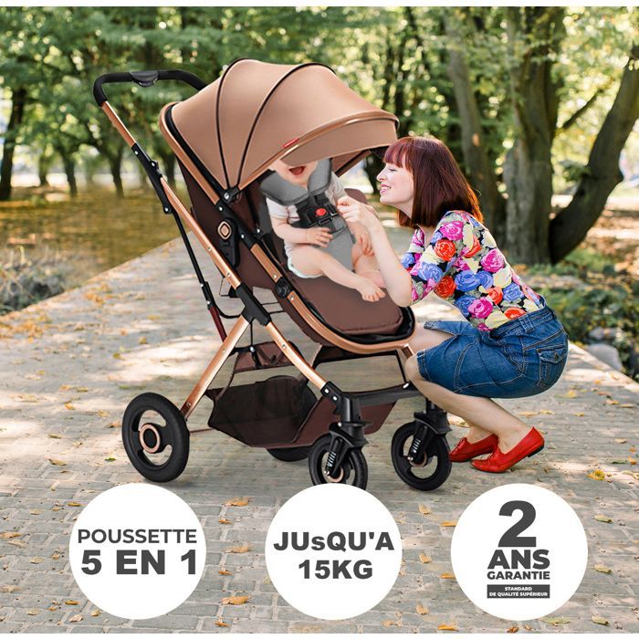 Poussette 3 en 1 Bébé Combinée KITYTETY - Avec nacelle/siège auto 0+/putter double sens - Jusqu'à 20kg - Dès la naissance - Kaki