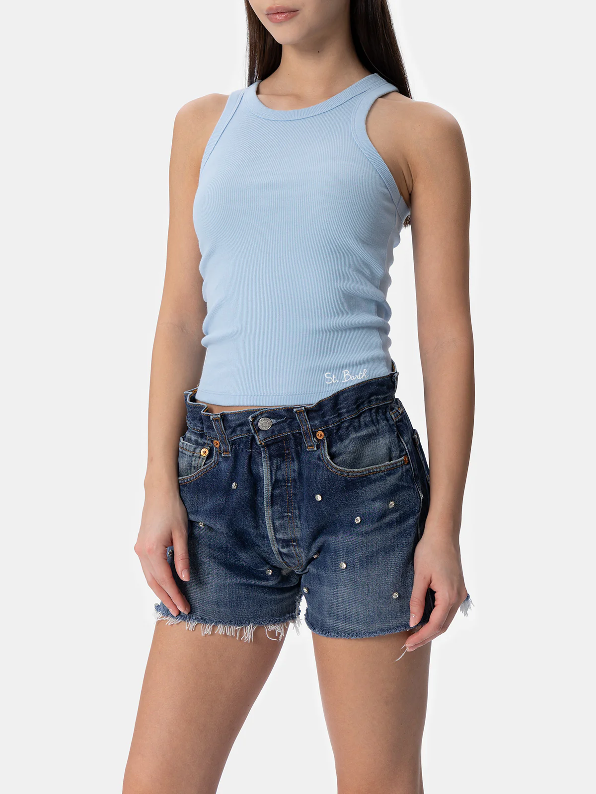 Dames tanktop van geribbeld katoen in lichtblauw