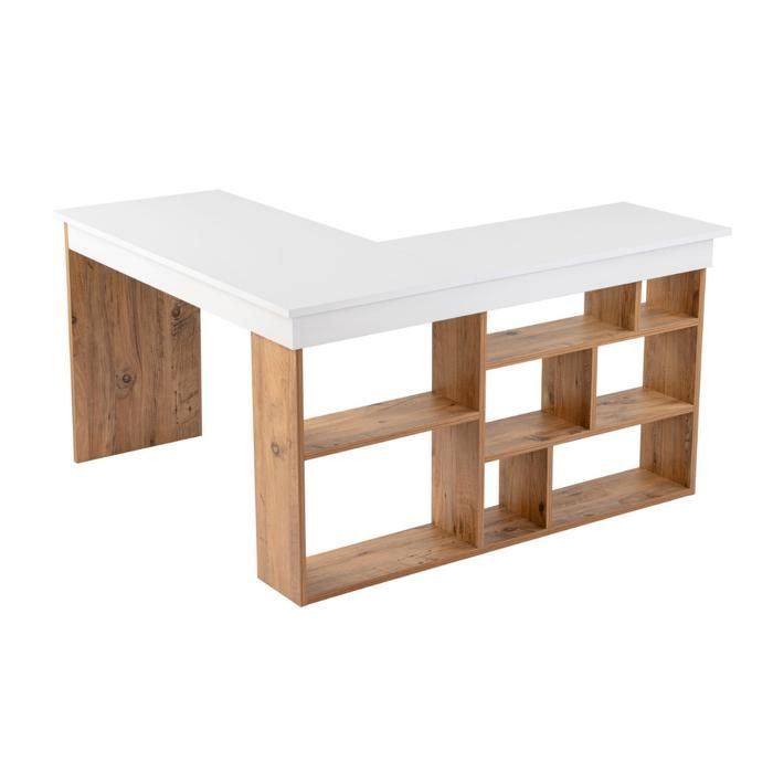 CALICOSY - Bureau d'angle avec rangements décor blanc et pin atlantique L130 cm - VESPER - Blanc