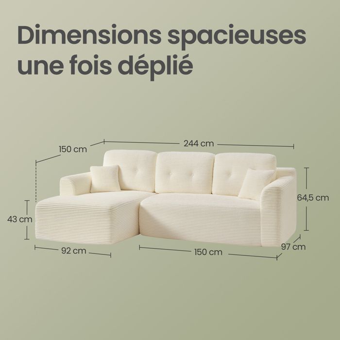 VASAGLE Canapé Fixe d’Angle, Canapé 3 Places Sans Montage, Grande Méridienne Gauche, pour Salon ou Chambre, Blanc