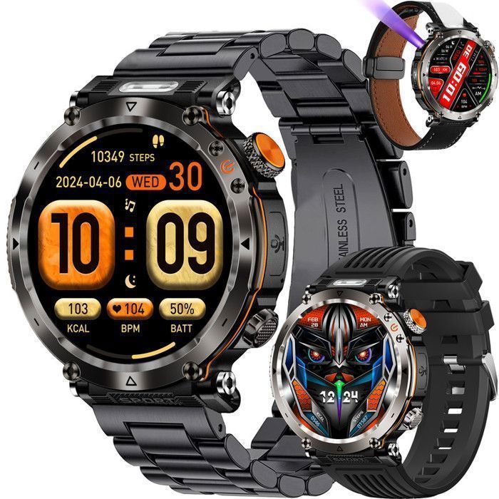 Smartwatch masculino de 1,7 polegadas, 3 pulseiras (aço, couro e silicone), coroa digital, função de chamada, bússola, SOS, sirene, 2 LEDs, branco fluorescente, 600mAh