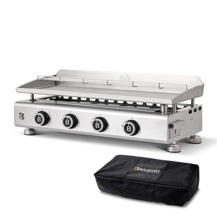 Plancha de gas de acero inoxidable Silvia IIG Evo de 4 quemadores – BRASERO BY FAVEX - 10,6 kW – Placa de acero inoxidable de 84 x 34 cm – Para 12 personas – Tapa incluida – Certificada