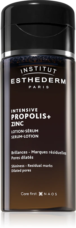 Loção-Sérum Intensivo Própolis+ da Institut Esthederm, tônico purificante para regulação da oleosidade e minimização dos poros com zinco.