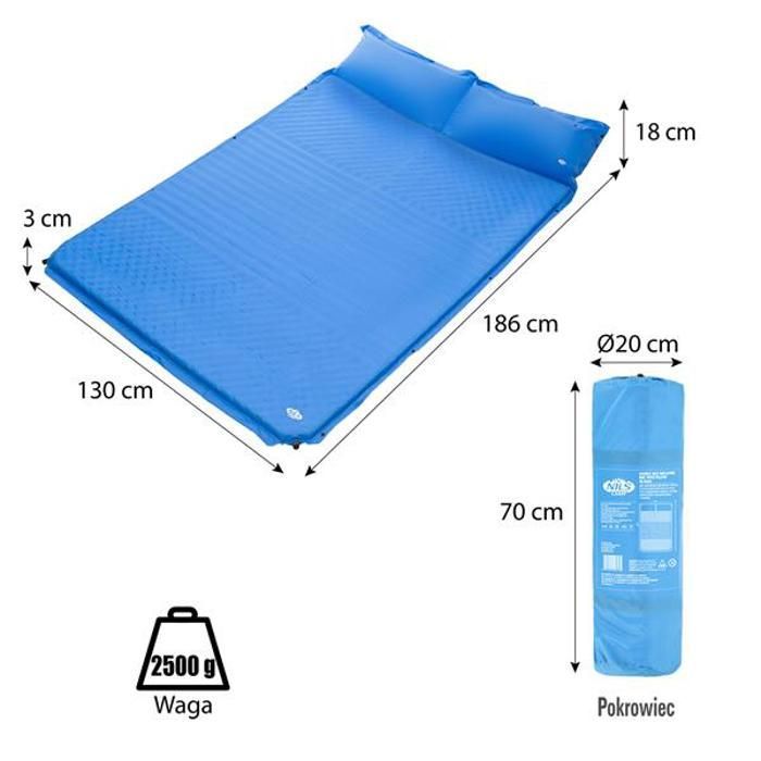 Colchón doble autoinflable con almohada - NILS CAMP - NC4060 - Azul - Para dos personas - Poliéster - Espuma de poliuretano