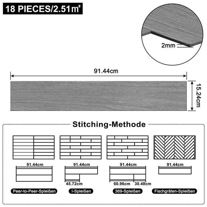 LZQ Revêtement de sol PVC sol vinyle autocollant avec effet bois, 54 pièces 7,53m² carreaux de vinyle adhésif, Chêne gris