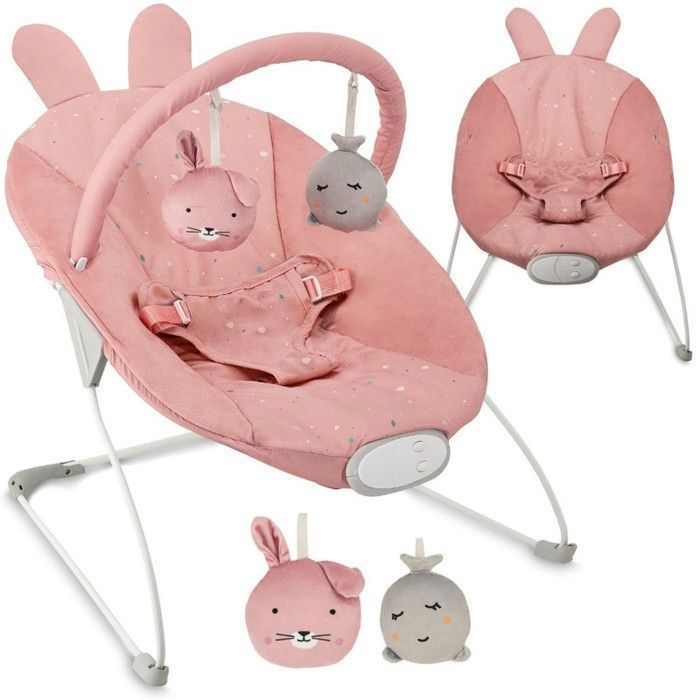 MoMi GLOSSY – Transat Bébé Léger avec Module Sensoriel – 8 Mélodies – Vibration 3 Niveaux – Jouets Inclus – Rose