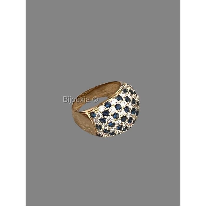 Wide ring set with pavé-set blue and white zirconia stones, 18K gold plated - Women's
