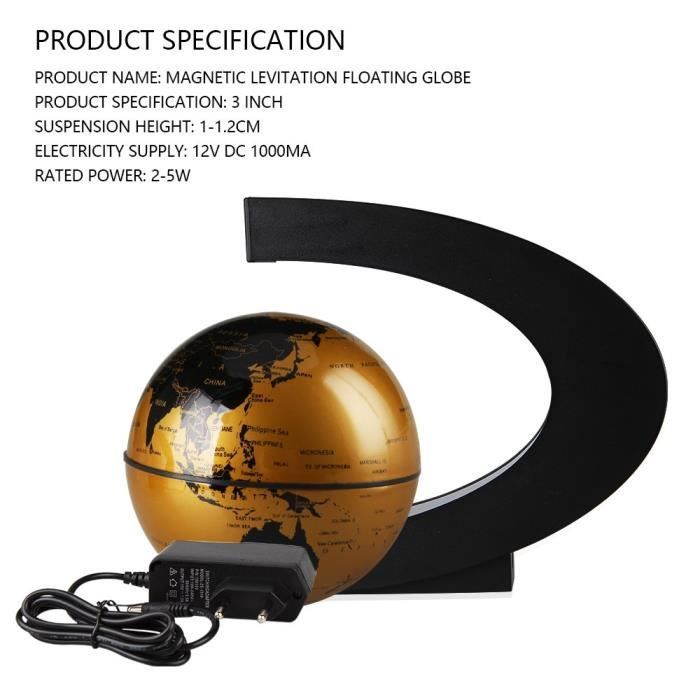 Globe Terrestre Lumineux - Créatif - Flottant Magnétique - LED - Base en Forme C - Or et Noir