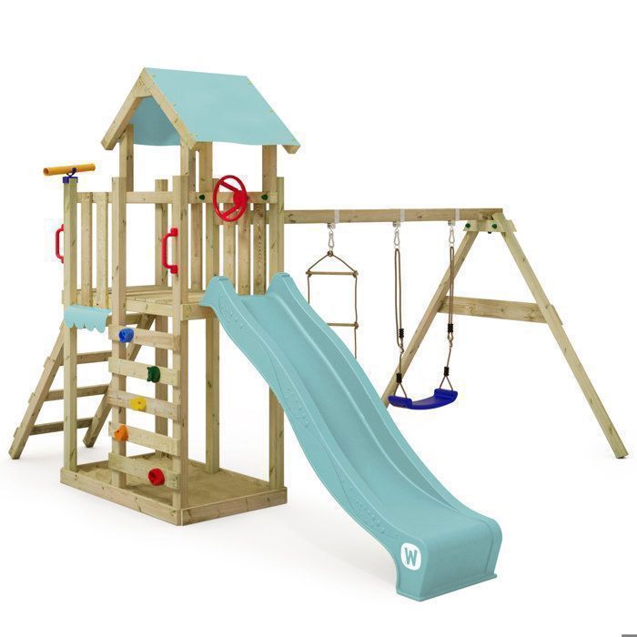 Tour de jeux bois WICKEY MultiFlyer Light avec balançoire, échelle corde et toboggan 220 cm bleu pastel – 10 ans de garantie*