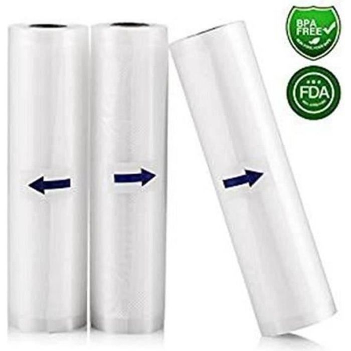 TEMPSA - 3 rollos de film de envasado al vacío con relieve de 28 × 500 cm, sin BPA, 1 lado liso.