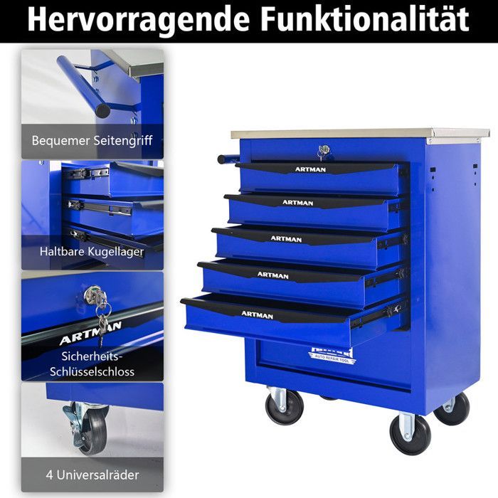 Monitoiminen työkalukärry - 6 laatikkoa - ruostumatonta terästä - kääntyvät pyörät - avainlukko