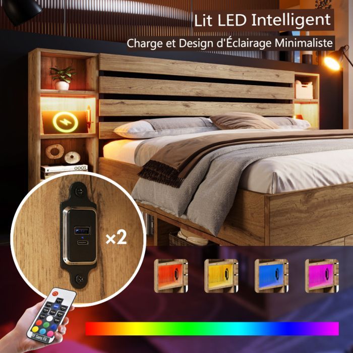 Cama con almacenamiento - LANGTU - 160x200 - Madera maciza de roble - Luces LED ajustables - Puertos USB/Tipo-C y cajones
