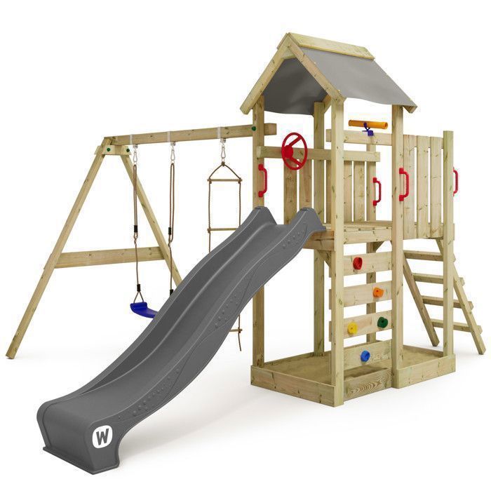 Torre de juegos de madera WICKEY MultiFlyer con columpio, tobogán antracita de 220 cm y arenero integrado – 10 años de garantía*