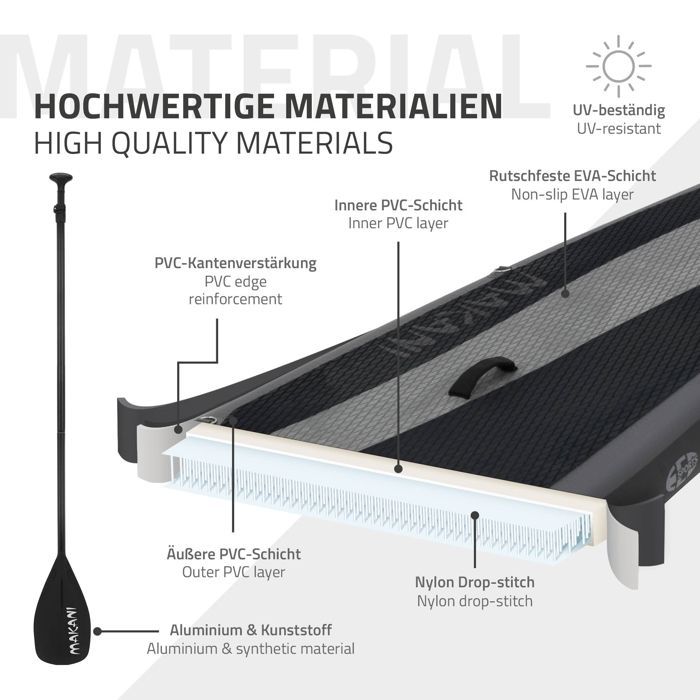 Tavola da Stand Up Paddle Gonfiabile Makani di ECD Germany | 320 x 82 x 15 cm | fino a 150 kg | PVC | Nero | Pompa ad aria, pagaia, borsa incluse