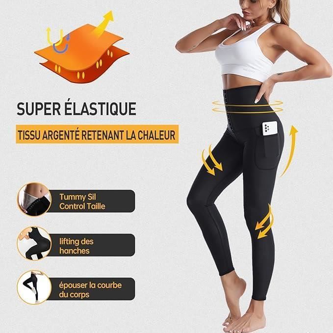 Leggings de Sudation Femme - Sauna Shapewear Taille Haute - Fitness Yoga Noir