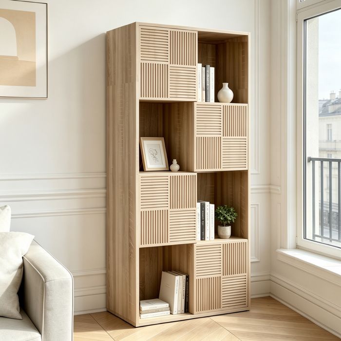 Librería modular de 8 cubos con 4 puertas, estante de 4 niveles, mueble de almacenamiento para salón, dormitorio u oficina, 125x30x60 cm, madera clara.