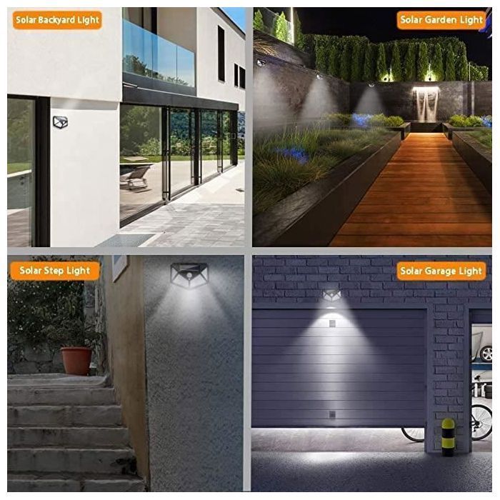 Paquete de 2 luces solares para exteriores, 100 LED, 1200 mAh, resistentes a la lluvia, ángulo de haz de 120°, alimentadas por energía solar, sensor de movimiento.