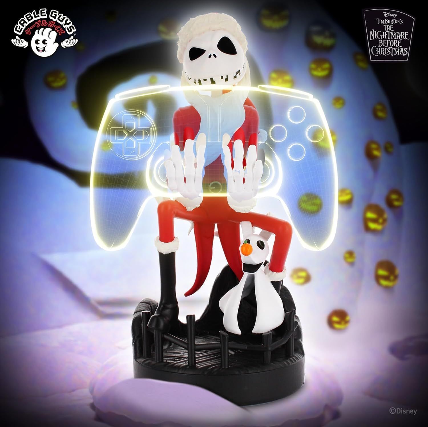 Figura navideña de Jack Skellington de Disney - EXQUISITE GAMING - Cable Guys - Soporte para auriculares, smartphone o accesorios pequeños - 20 cm