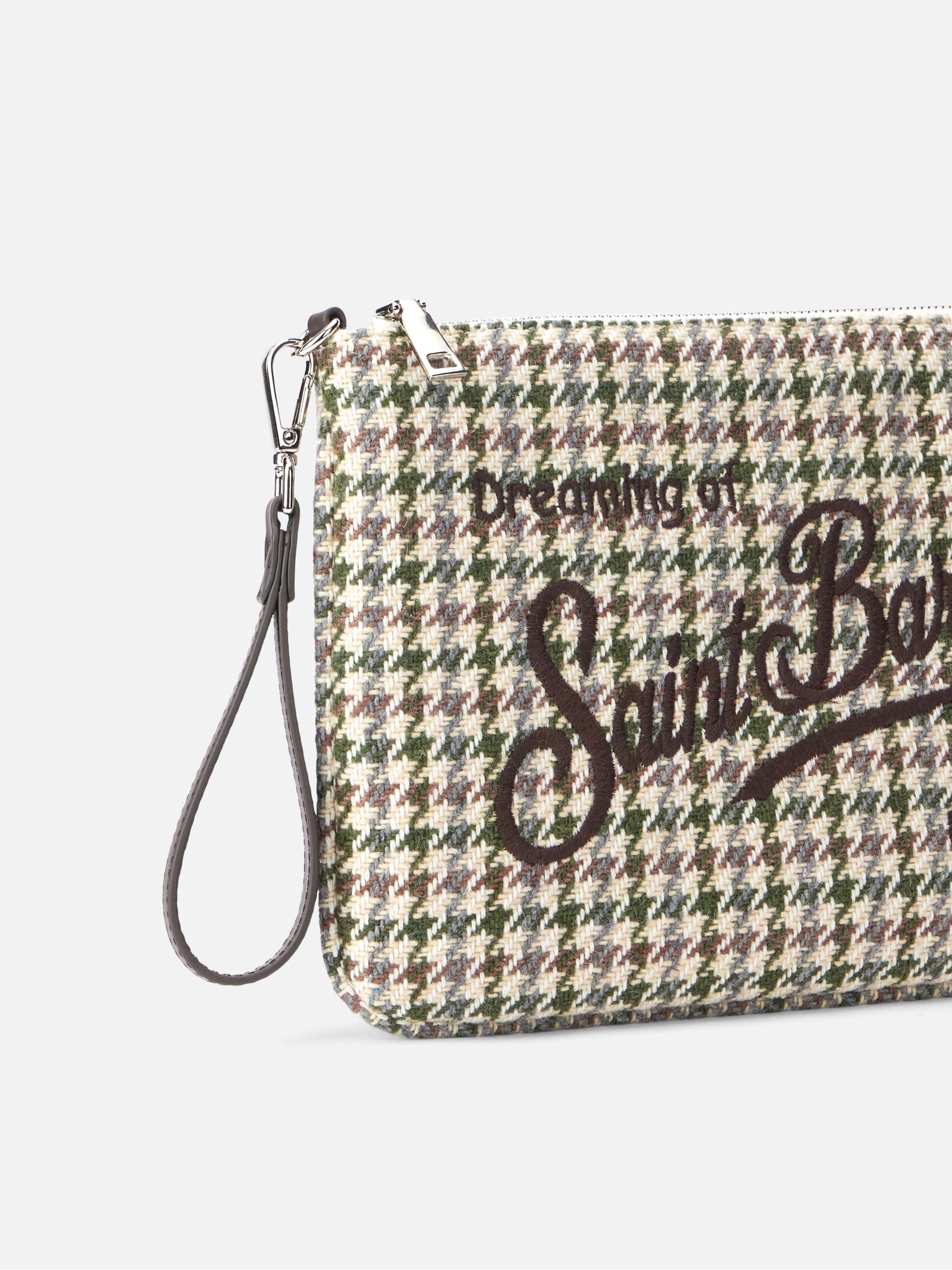 Pochette multifonction à carreaux parisiens avec bandoulières amovibles en cuir écologique, chaîne et logo brodé | MC2 Saint Barth