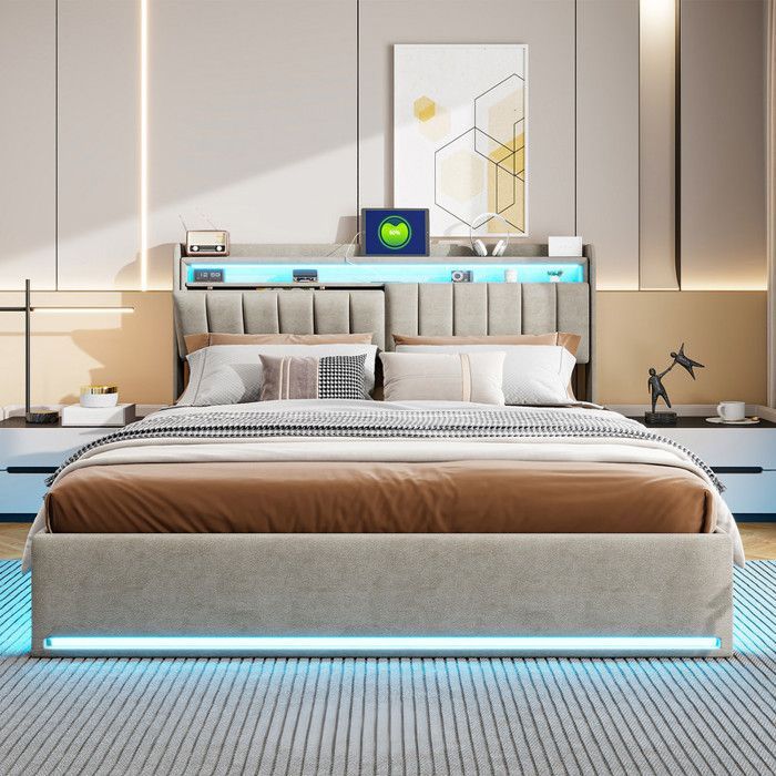 Letto contenitore 140 x 200 cm con rete a doghe, letto matrimoniale con illuminazione a LED e multipresa, contenitore nella testiera imbottita, letto in velluto 140x200 cm