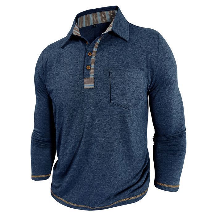 Men's Long Sleeve Regular Fit Polo Shirt with Pocket, Contrasting Colors, Spring and Autumn - EU Size - Navy Blue