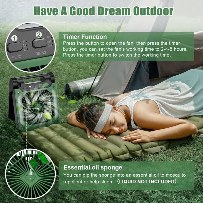 Ventilador de mesa silencioso con luz LED, ventilador portátil recargable de 20000 mAh, ventilador solar para camping, verde
