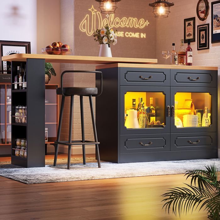 Isla de cocina retráctil con iluminación LED, mesa de comedor giratoria 360°, 4 cajones y estante para aperitivos - Negro