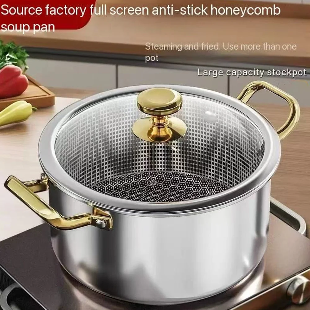 Casserole en acier inoxydable de 24 cm, revêtement antiadhésif alvéolé, avec couvercle, compatible avec les plaques à induction et à gaz.