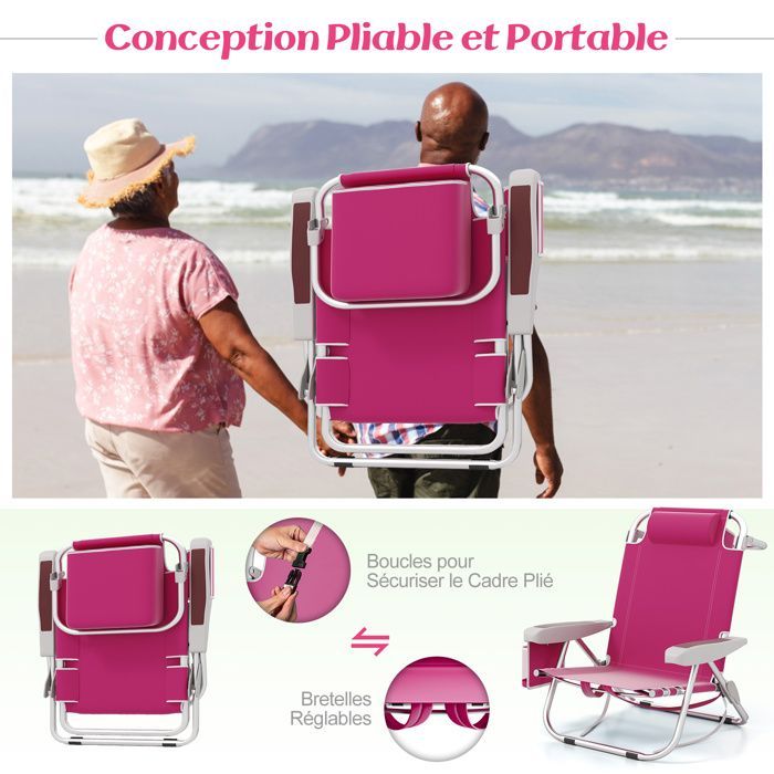Set of 2 COSTWAY Folding Camping Chairs, 5 Adjustable Positions, Headrest, Side Pockets, Towel Holder, Straps, Pink