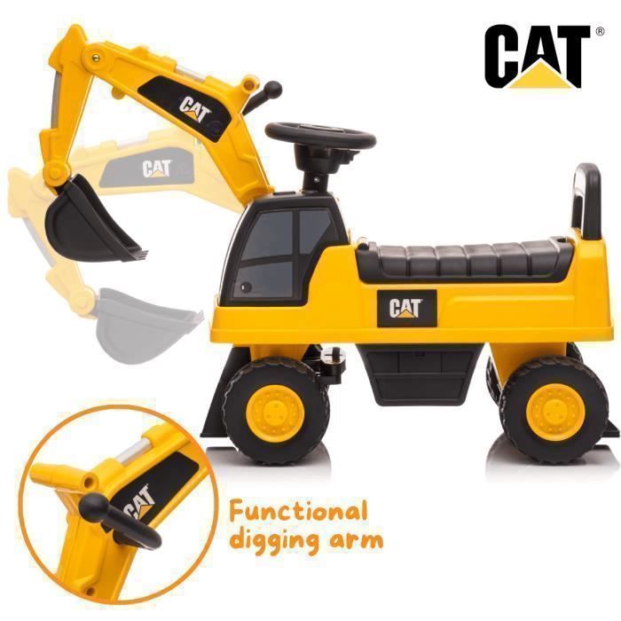 Escavatore CAT giocattolo cavalcabile per bambini - Giallo - Età da 1 a 3 anni - Prodotto con licenza ufficiale - Braccio escavatore funzionante - 25 kg