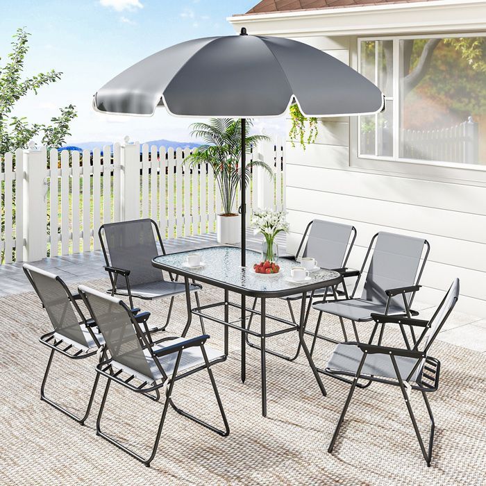 Salon de jardin extérieur - Outsunny - 8 pièces - avec parasol et 6 chaises pliantes - plateau verre trempé, structure acier - gris
