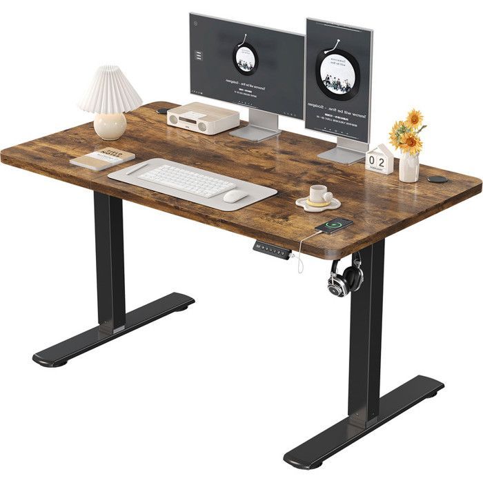 Escritorio eléctrico regulable en altura de 120x60cm, color tostado - Altura ajustable (73-118cm) - Motor silencioso con memoria y puertos USB