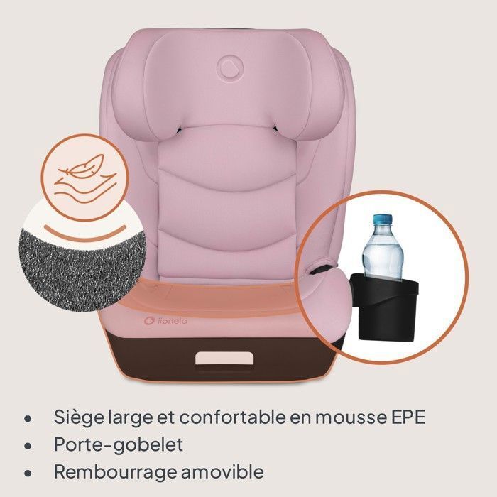 Seggiolino auto LIONELO Neal i-Size 100-150 cm - ISOFIX - Portabicchieri - Seduta ampia - Reclinabile - Gruppo 2/3 - Rosa