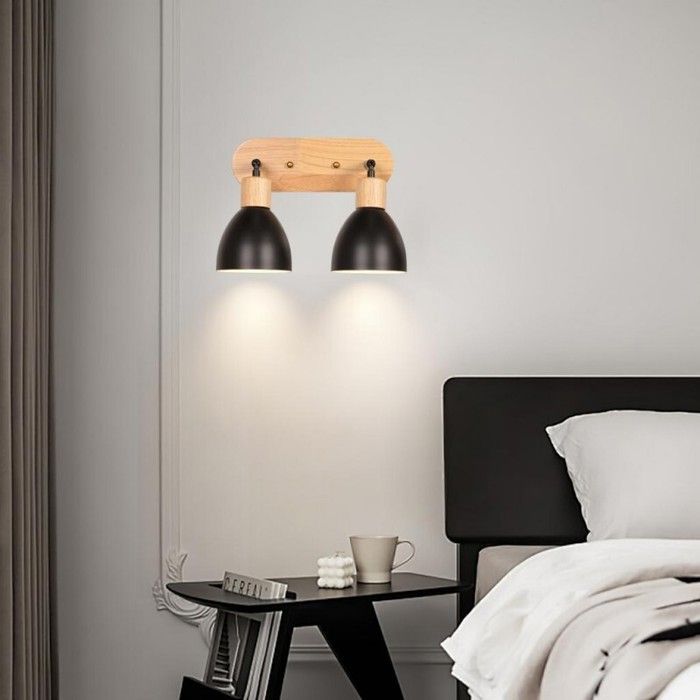 WOTTES 1 unidad Aplique de pared industrial vintage de 2 cabezales, lámpara retro de metal negro y madera, casquillo E27, luminaria para pasillo o restaurante