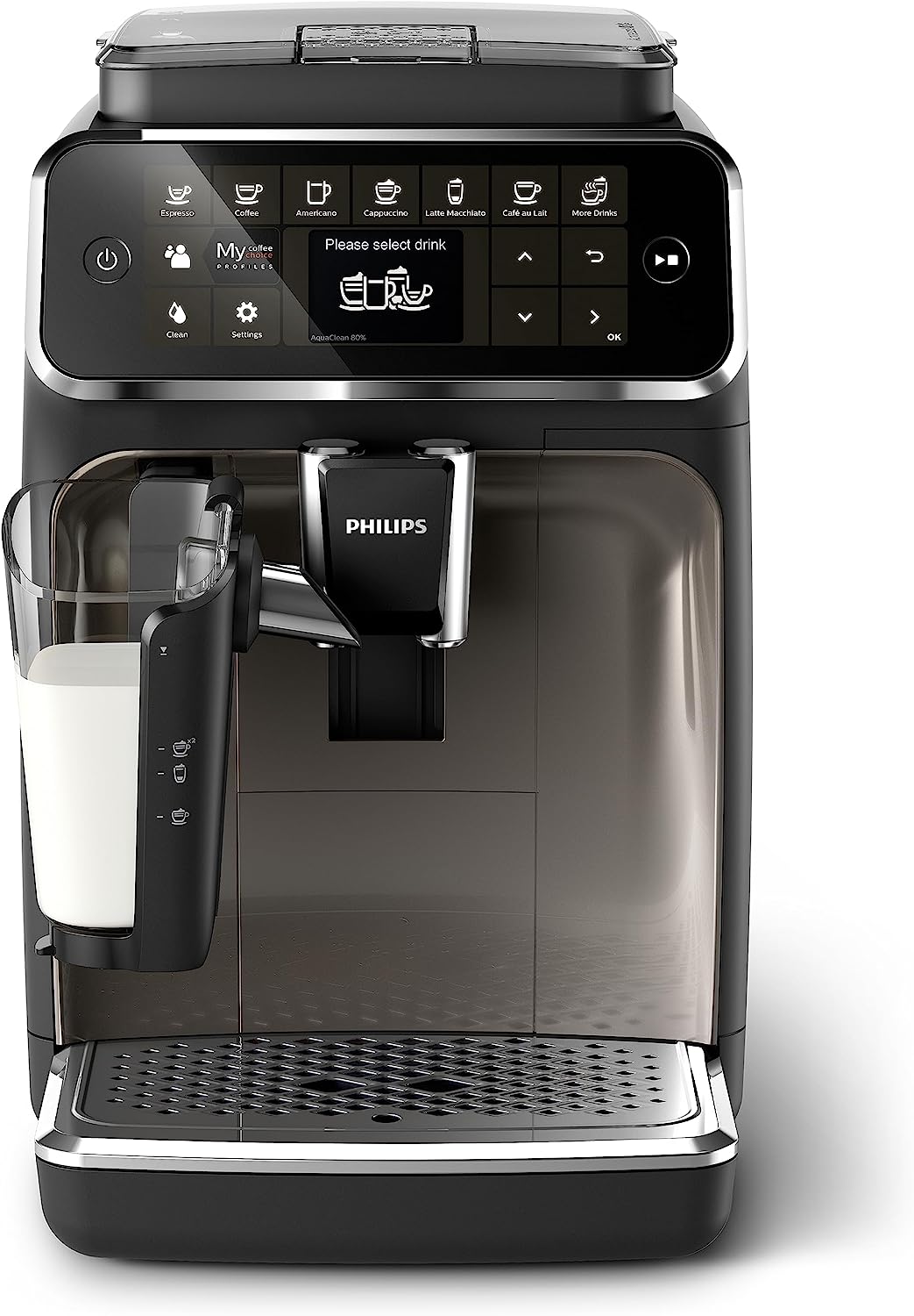 PHILIPS 4300 Serie Volautomatische Espressomachine - LatteGo Melkschuimer, 8 Koffiesoorten, Intuïtief Touchscreen, Zwart, (EP4347/94)