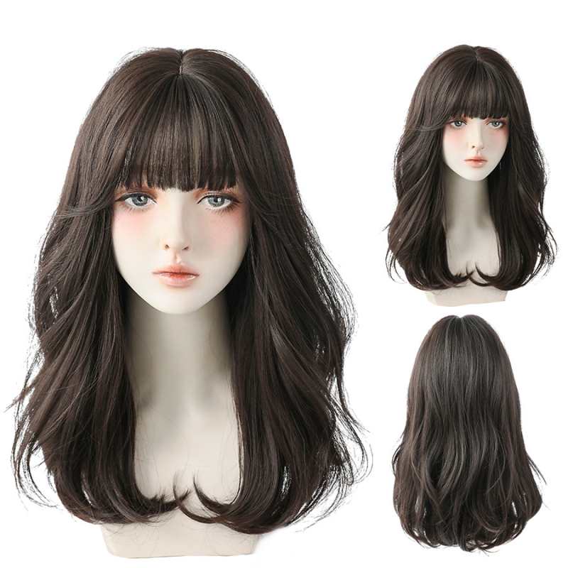 Pelucas sintéticas largas, onduladas y rizadas de color negro y marrón con flequillo esponjoso para mujer, ideales para uso casual en cualquier estación del año.