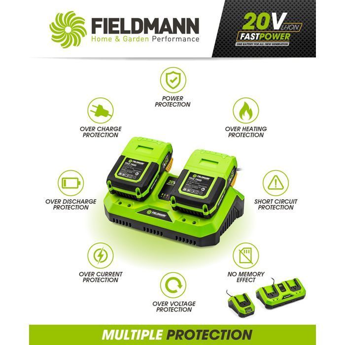 Double charger - FIELDMANN - For 20V batteries - Charge 2Ah in 60 min - Compatible 2Ah, 4Ah