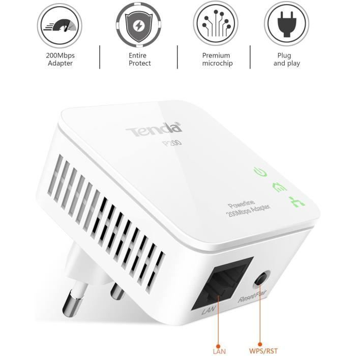 Tenda P200 Twin Pack - 2x Powerline HomePlug AV 200 Mbps with 2 Fast Ethernet LAN ports