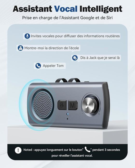 Kit Main Libre Voiture Bluetooth 5.3, GPS Haut-Parleur Micro Musique Assistant Siri&Google Auto Reconnexion, 800mAh Slot Carte TF