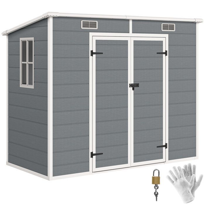 Caseta de jardín exterior - Outsunny - 2,4 x 1,3 m - con suelo - ventana - puertas con cerradura y ventilación - gris