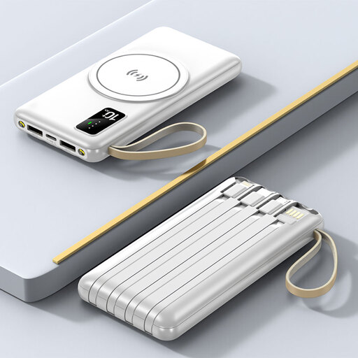 Smartek 10.000mAh Powerbank mit 4 integrierten Kabeln und Qi-Wireless-Charging