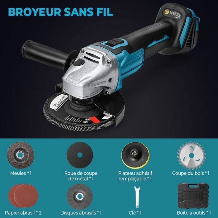 Smerigliatrice angolare elettrica senza spazzole da 125 mm - 3 velocità - 12.000 giri/min - 1 batteria da 21 V