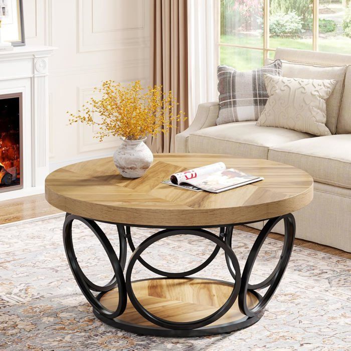Tribesigns Table Basse Ronde, 80 x 80 x 43 cm Table de Salon, Table de canapé, Table Basse à 2 étages, Grain de Bois