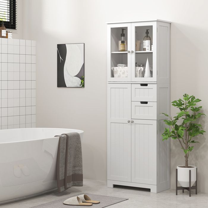 Meuble haut de rangement - HOMCOM - armoire avec portes vitrées et étagères réglables pour salle de bain, cuisine, salon - blanc