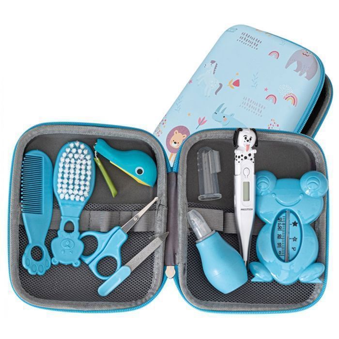 PLIC – Trousse de Soin Bébé 9 Accessoires – Kit Hygiène Complet Compact avec Thermomètre – Bleu