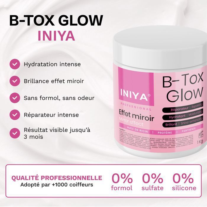 Botox Capillaire Sans Formol 1kg | Huile de Ricin, Protéine & Panthenol | Effet Miroir, Réparation, Hydratation | B-Tox Glow Inw