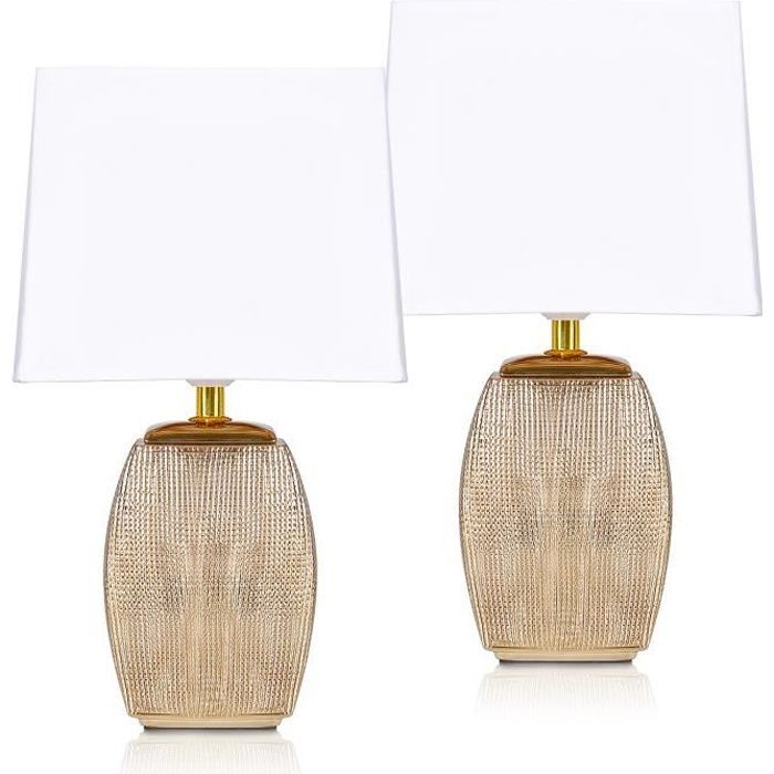 BRUBAKER - Lampe de table/de chevet - Lot de 2 - Design élégant - Hauteur 38 cm - Pied en Céramique/Doré - Abat-jour en Coton/Blanc