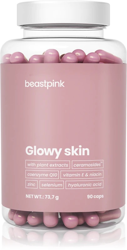 BeastPink Glowy Skin uztura bagātinātāja kapsulas, kas piešķir ādai starojošu izskatu