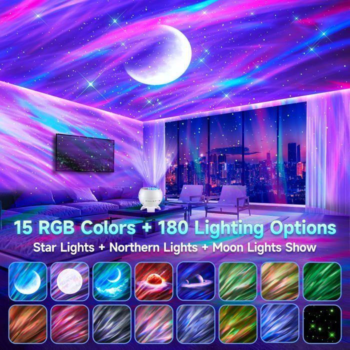 Proyector de cielo estrellado, luz nocturna de 180°, proyector de galaxia, Bluetooth, ruido blanco, luz nocturna para niños y adultos, control remoto.
