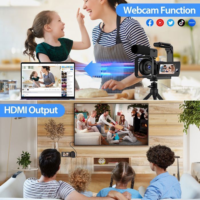 Filmadora UHD 4K+1080P com lente dupla frontal e traseira de 56MP, Wi-Fi e microfone.